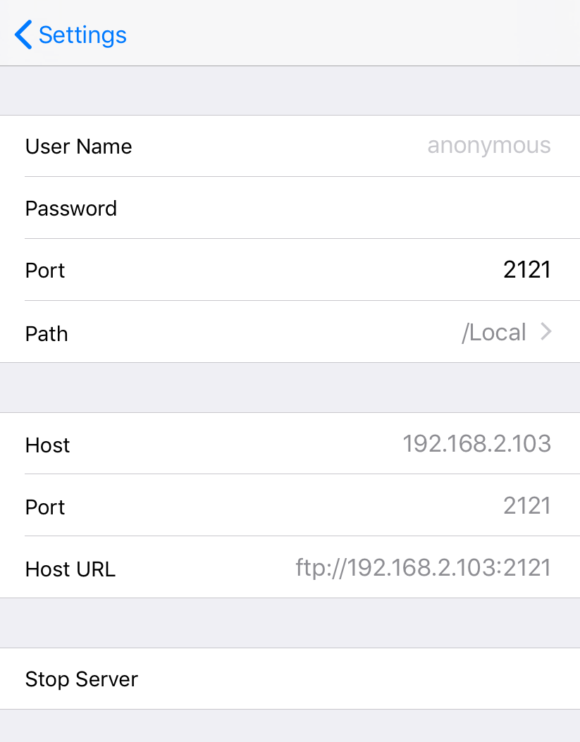 The running FTP server and its connection address