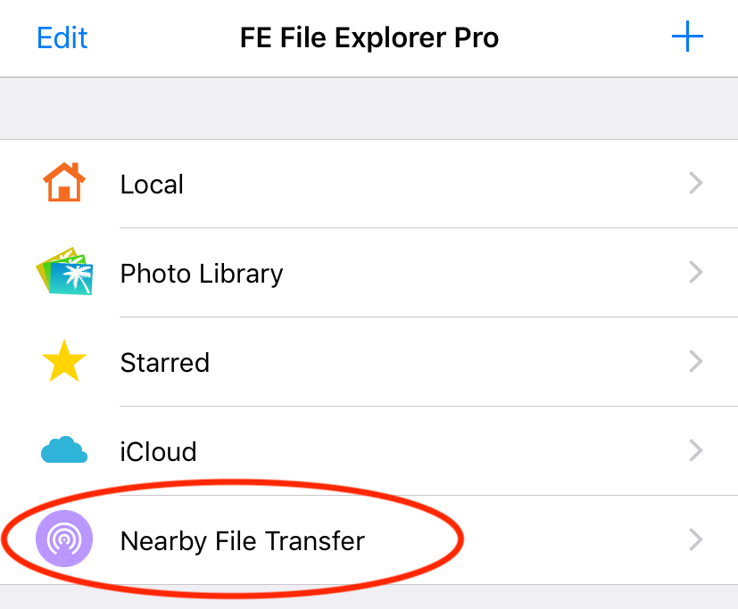 The Nearby File Transfer screen