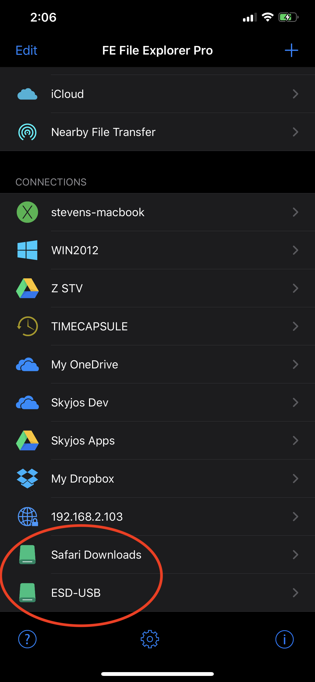 An external drive in the FE File Explorer connection list