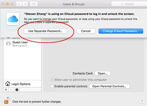 The separate-password option for a Mac user account