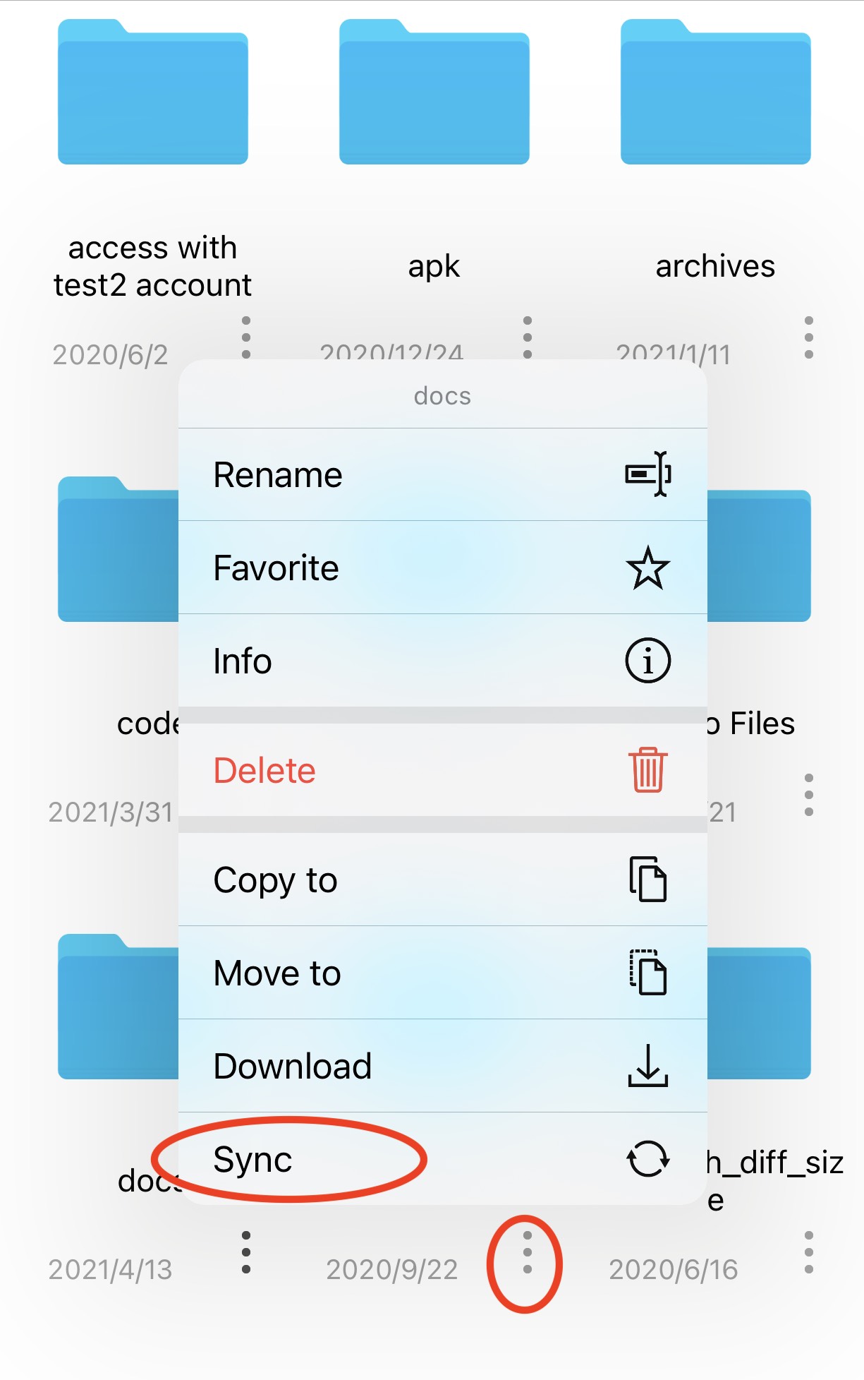 Opening the sync command for a folder