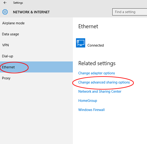 Network and Internet settings in Windows 10