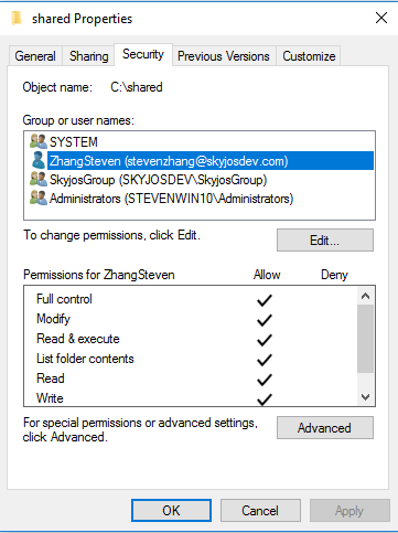 Folder security permissions in Windows 10