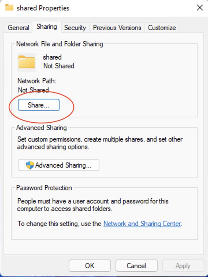The Sharing tab in Windows 11 folder properties