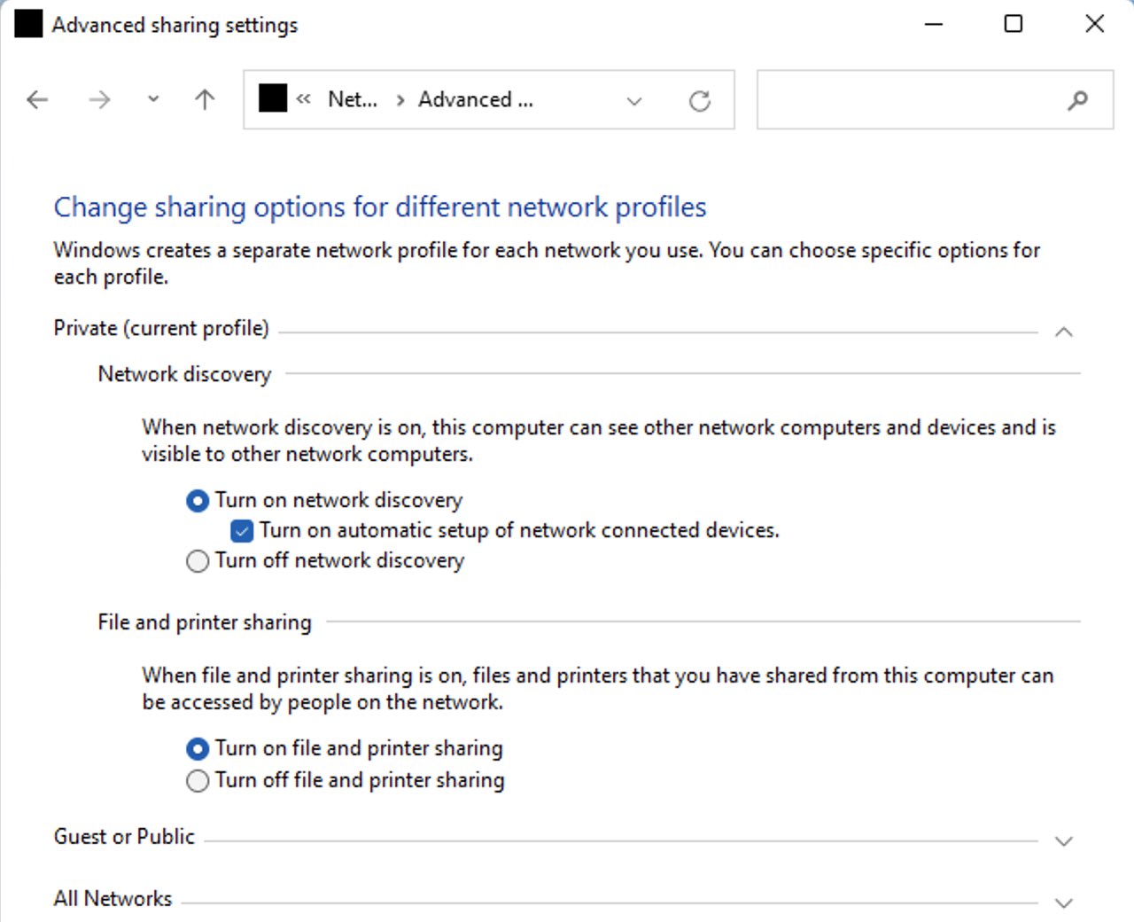 Advanced sharing options in Windows 11