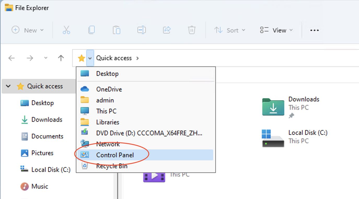 Network and Internet in Control Panel