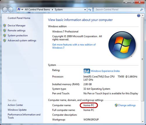 The computer name in Windows 7
