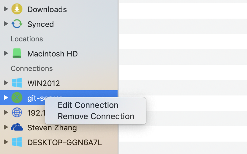 The connection context menu in FE File Explorer for macOS