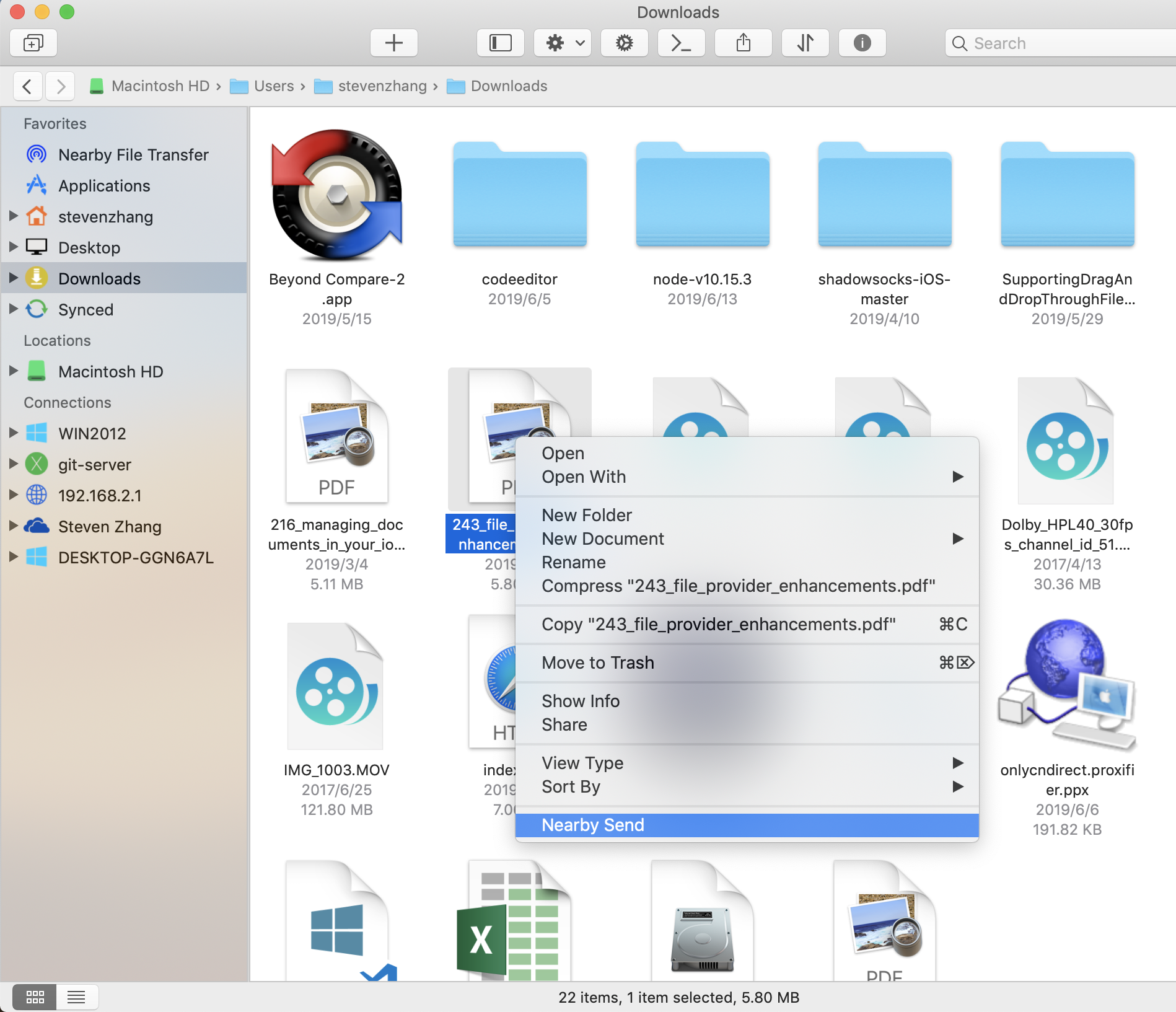 Selecting a nearby device as the file-transfer destination