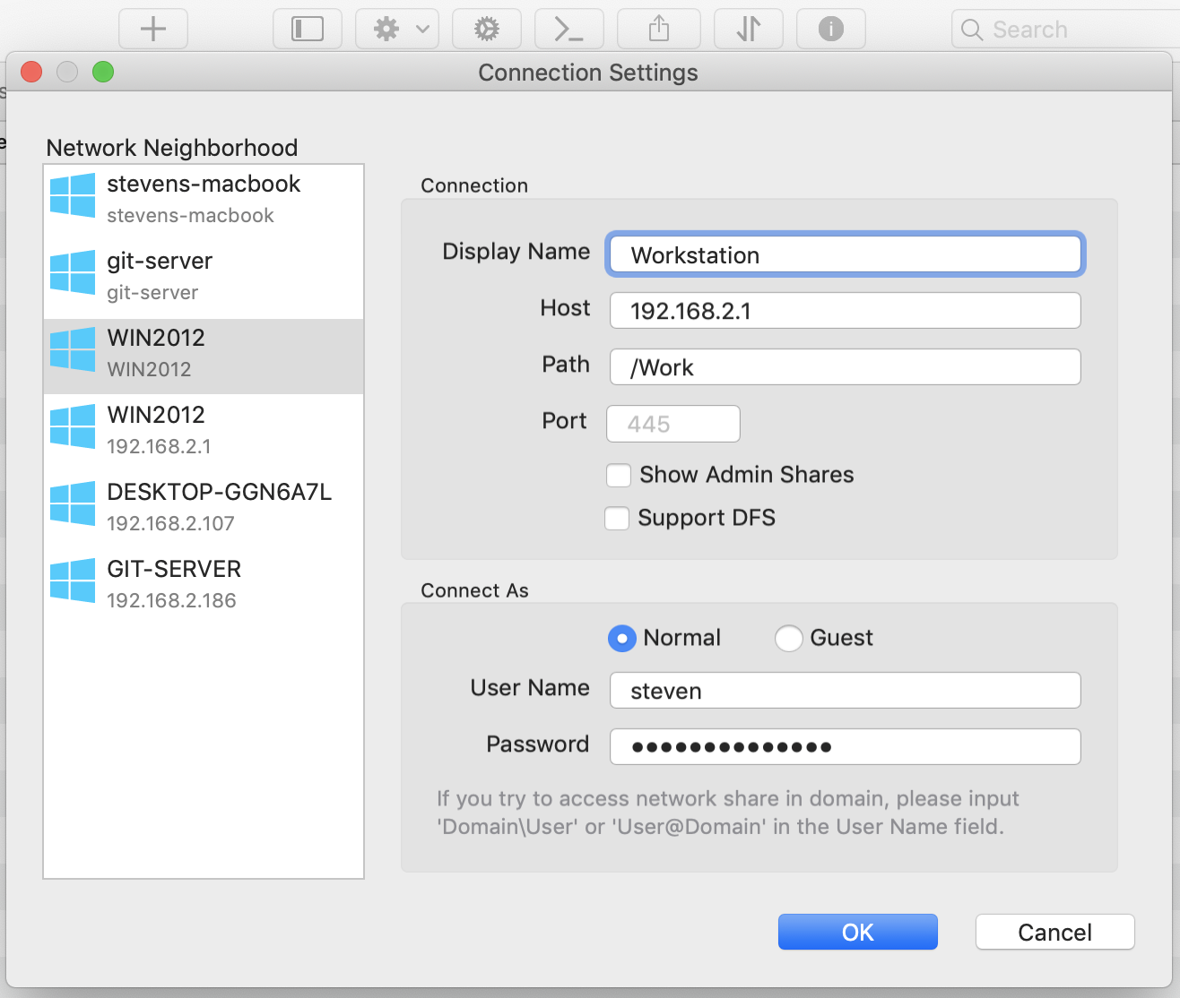 Manually configuring a server connection