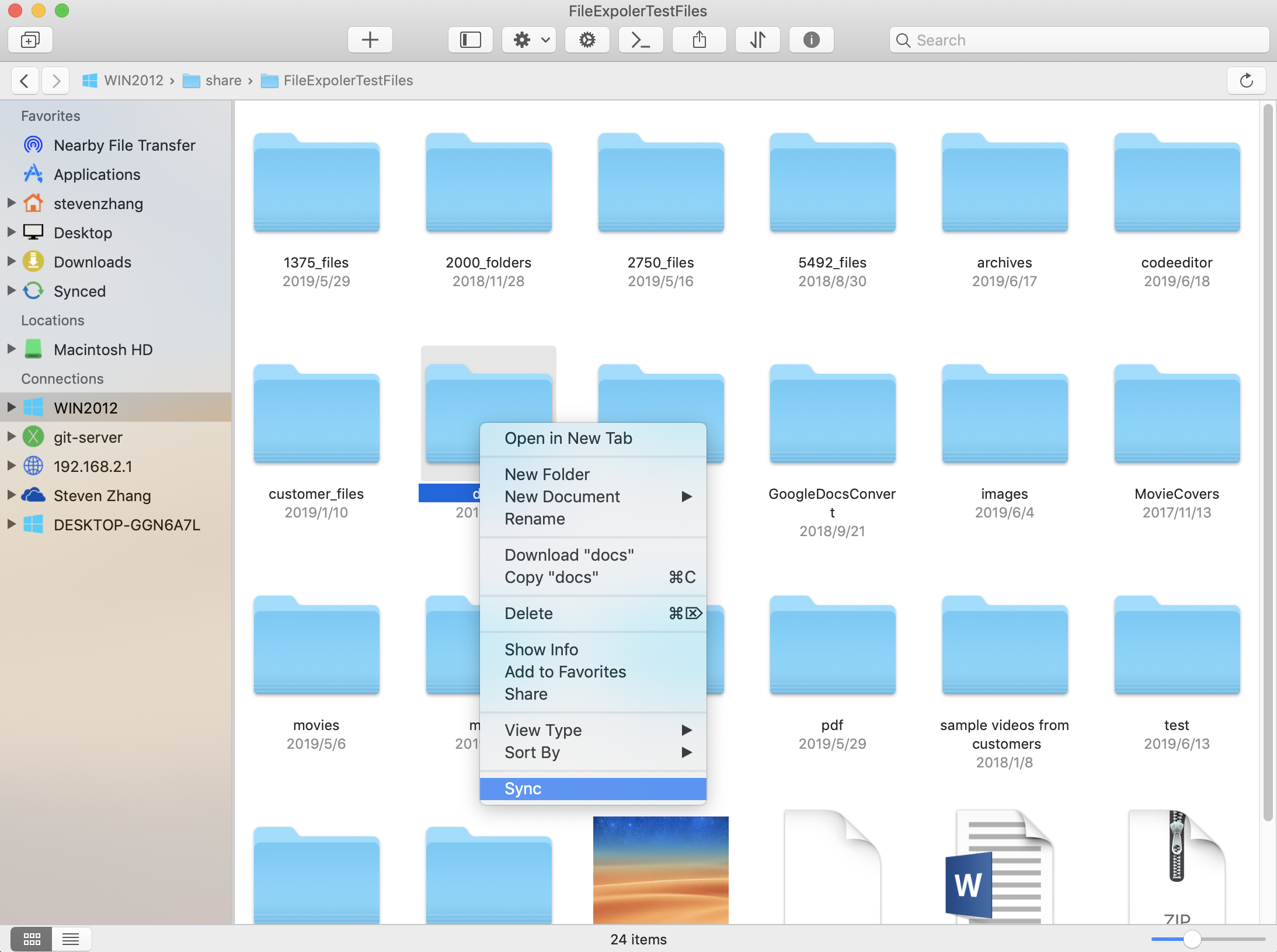 Opening the contextual menu for a remote folder