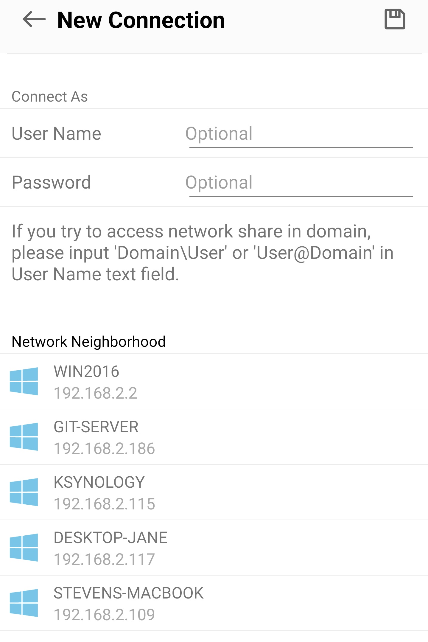 Network Neighborhood in the connection setup screen