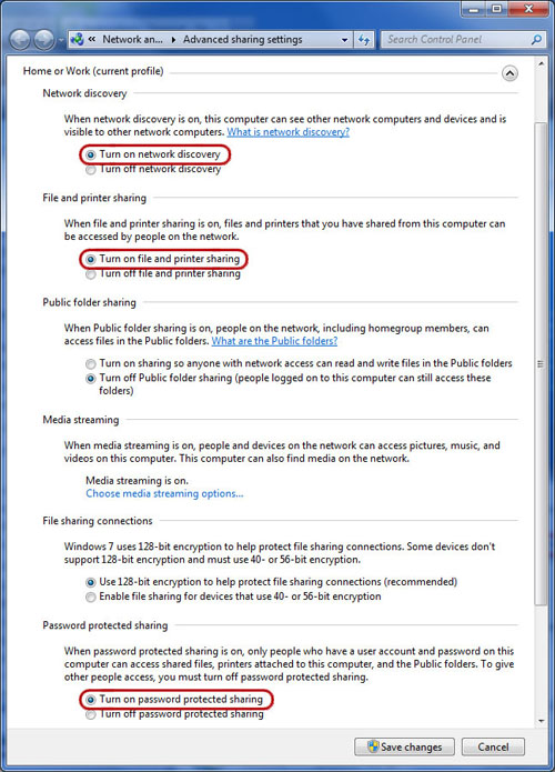 Windows 7の詳細な共有設定